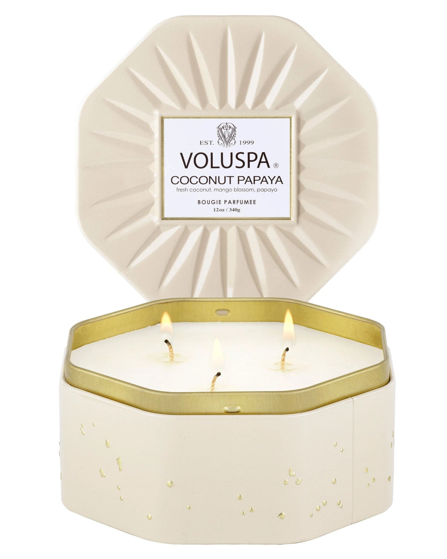 Voluspa Coconut Papaya - 3 Wick Octagon Tin Candle 2 Voluspa Coconut Papaya - 3 Wick Octagon Tin Candle - Image 2