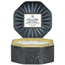 Voluspa - Makassar Ebony & Peach Octagon Tin Candle
