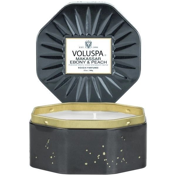 Voluspa - Makassar Ebony & Peach Octagon Tin Candle 1 Voluspa - Makassar Ebony & Peach Octagon Tin Candle