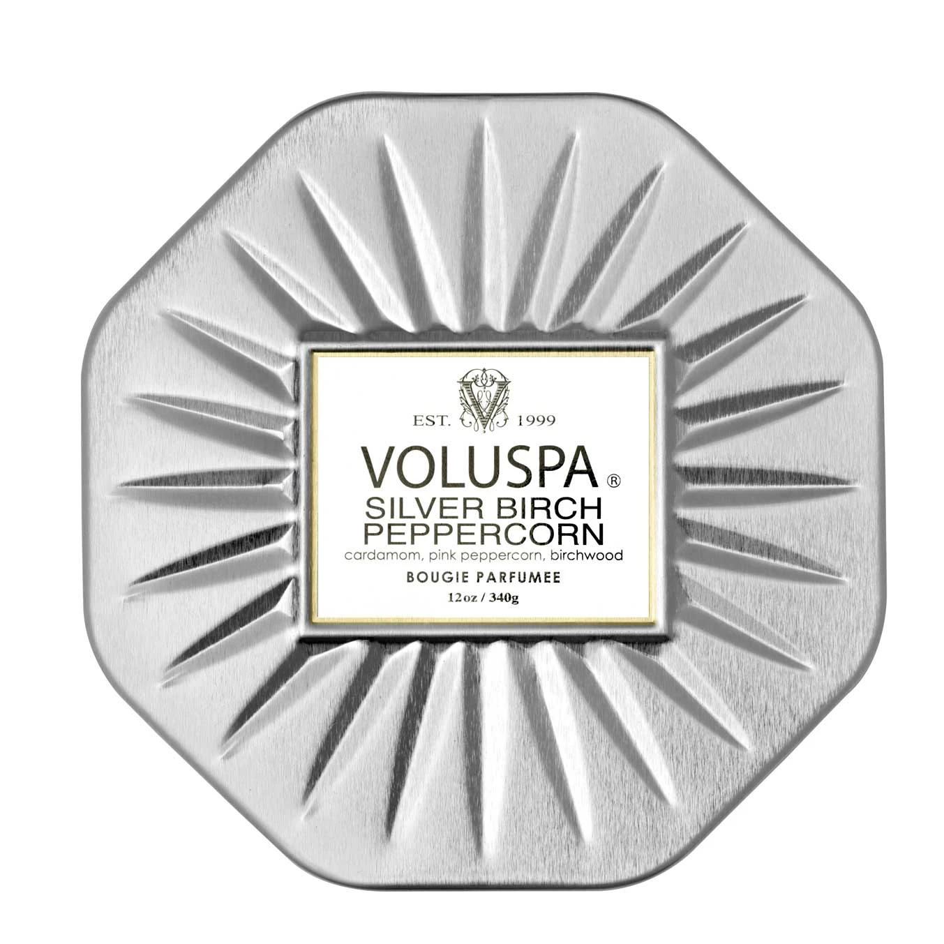 Voluspa Silver Birch Peppercorn - 3 Wick Octagon Tin Candle 1 Voluspa Silver Birch Peppercorn - 3 Wick Octagon Tin Candle