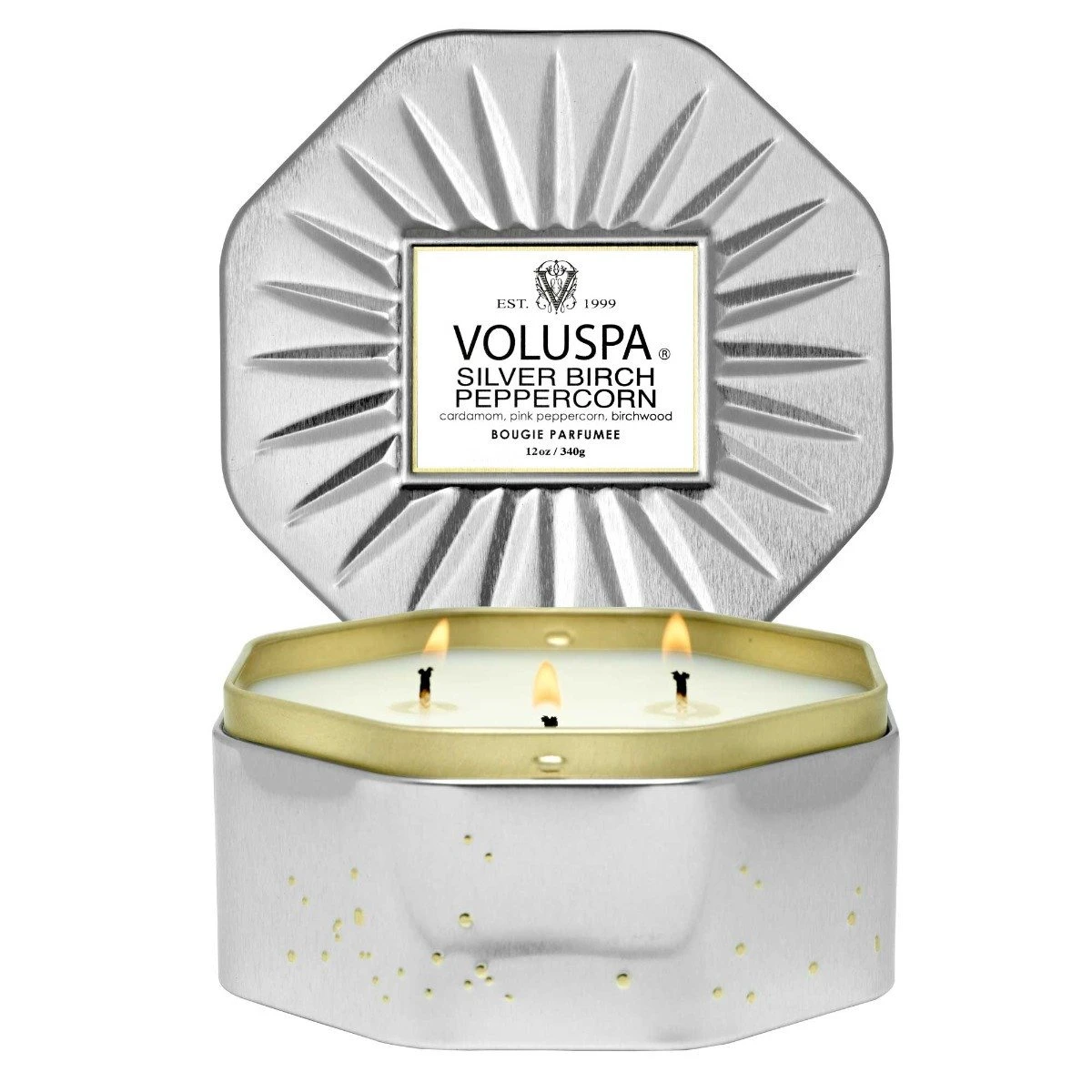 Voluspa - Silver Birch Peppercorn Octagon Tin Candle 1 Voluspa - Silver Birch Peppercorn Octagon Tin Candle